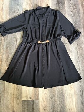 Black Button-Front Mini Shirt Dress with Buckle Waist